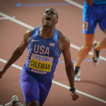 Christian Coleman of the United States wins the 100 Meter dash in Doha. ©nickdidlick