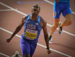 Christian Coleman of the United States wins the 100 Meter dash in Doha. ©nickdidlick